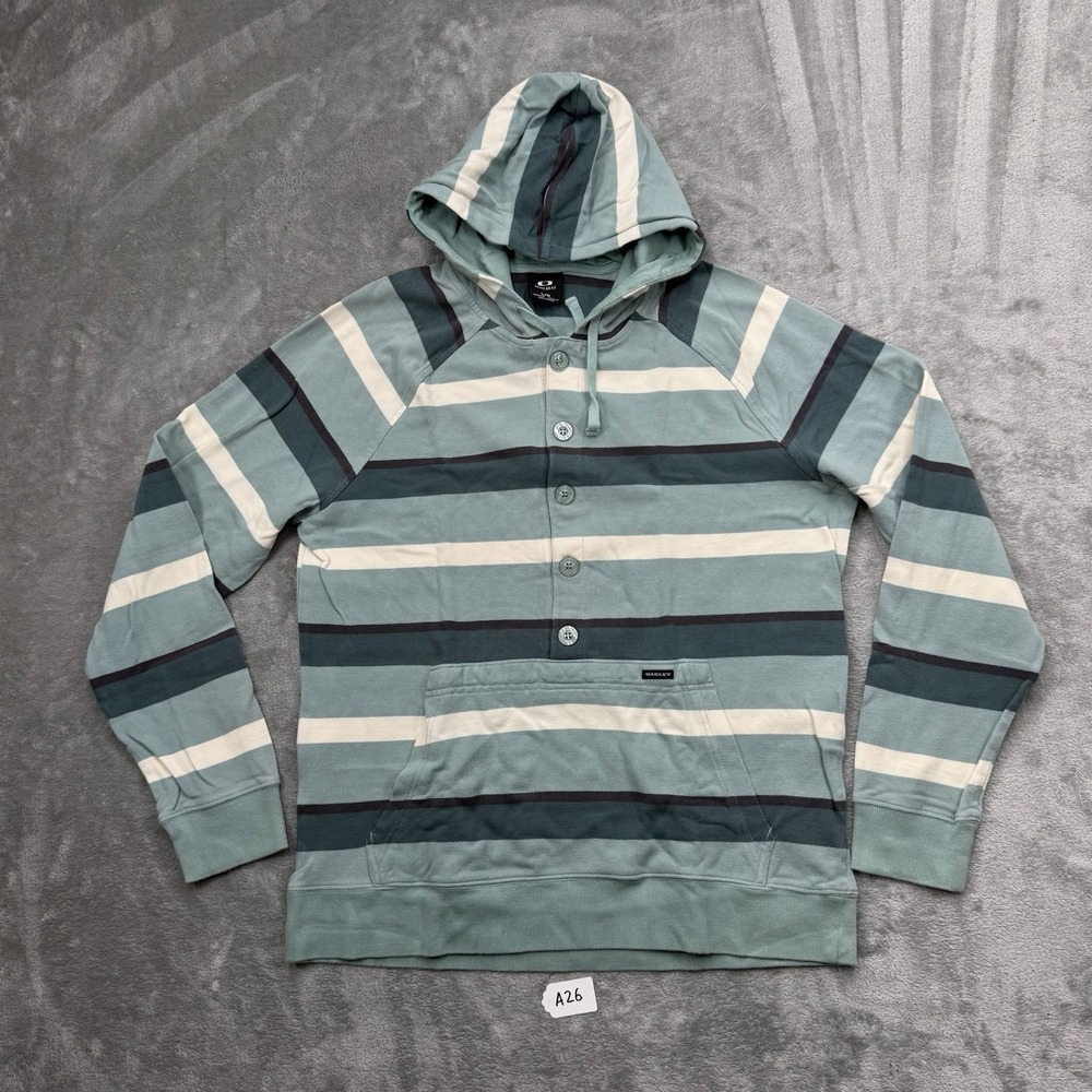 Oakley Green White Striped Regular Fit 5 Button Hoodie Pullover Mens Large A26